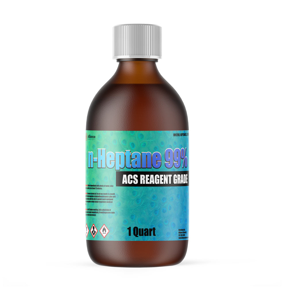 1-quart amber glass bottle of N-Heptane 99% ACS Reagent Grade solvent with flammable/hazardous warning symbols and gray screw cap.